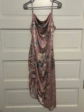Pink Satin Midi Cocktail Dress with Ruching